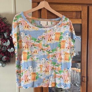 Cynthia Rowley Scenic Print Short Sleeve Top - Blue, Orange, Green